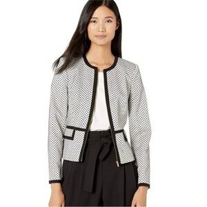 Calvin Klein Women's White & Black Zip-Front Piped Piqué Peplum Jacket Size 6